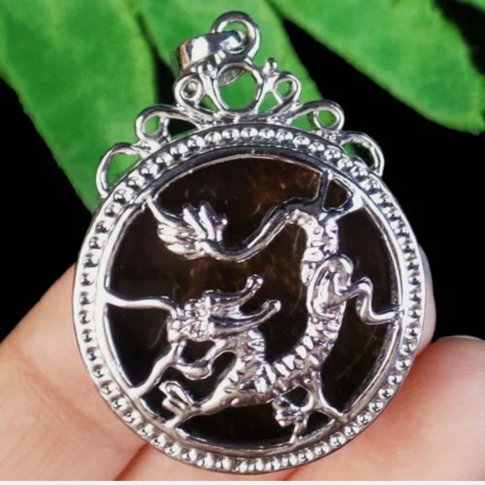 New Tiger Eye Round Silver Dragon Pendant.